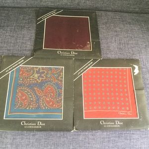 Three Vintage Christian Dior 100% Silk Pocket Squares Scarves Original Packaging